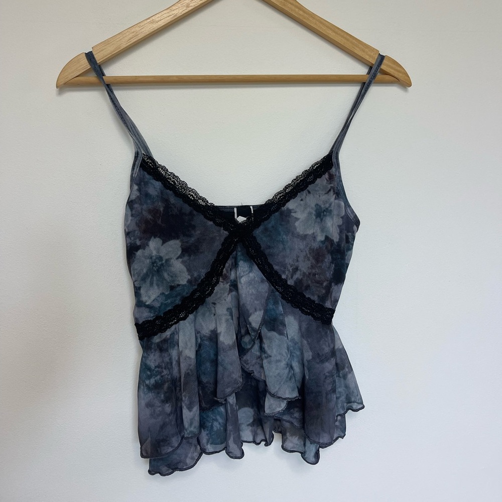Windsor Blue Gray Floral Lace Trim Spaghetti Strap Camisole